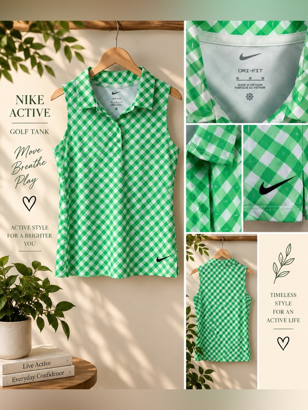 🌿 Nike Dri-FIT Women’s Golf Polo Tank – Green & White Gingham – Size M